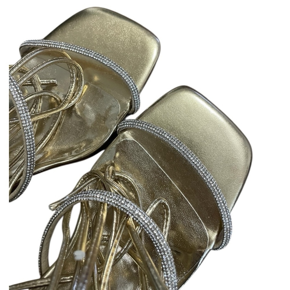 Pretty Little Thing Strappy Lace Up Square Toe Heel Sandal Gold Womens 7 kitten - Picture 6 of 8